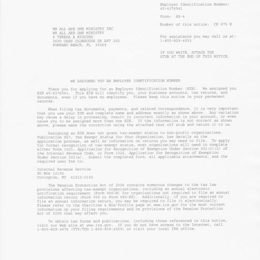 IRS EMPLOYER ID NUMBER DOCUMENT