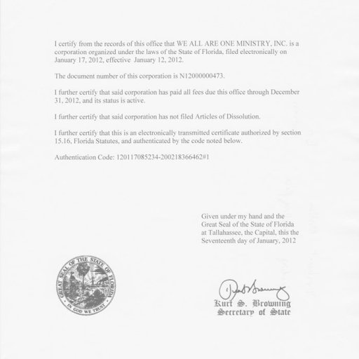 FLORIDA CERTIFICATE OF STATUS DOCUMENT